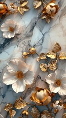 3D Gold Flowers Wallpaper Background, Brooch Flowers, Diamonds, Luxury Wallpaper for interior