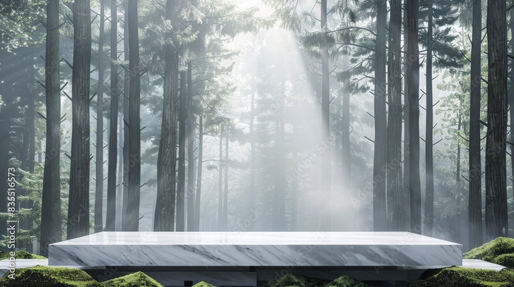Poster A serene clearing in a dense, misty forest features a smooth marble platform. Sunlight streams through the trees, illuminating the fog.