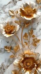 3d render, abstract background with white paper flowers and golden leaves, floral botanical wallpaper