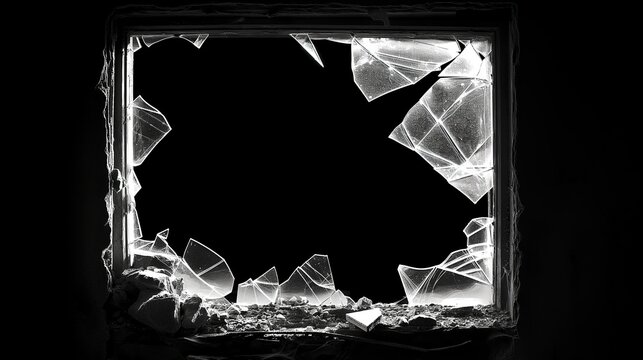 shattered broken glass house window with hole on black background, for overlay and screen layer modes