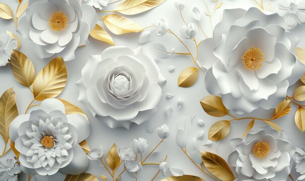 3d render, abstract background with white paper flowers and golden leaves, floral botanical wallpaper