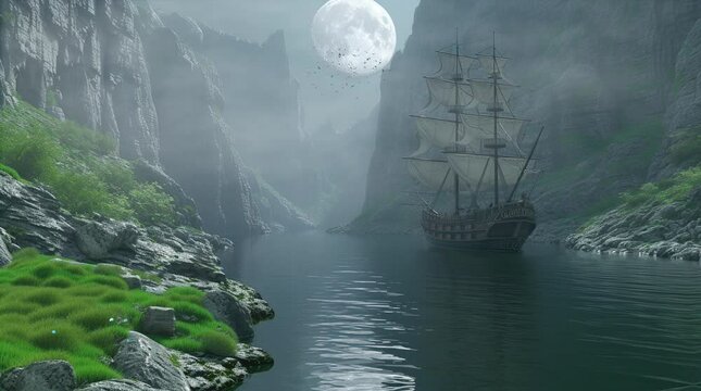 Ship sailing through misty ocean waters under the glow of the full moon on a serene night
 Seamless looping 4k time-lapse virtual video animation background. Generated AI