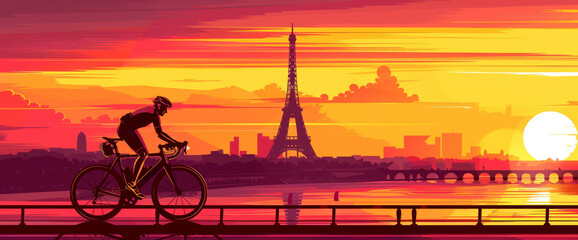 Vintage style illustration of cyclists racing in front of the Eiffel Tower in Paris, France