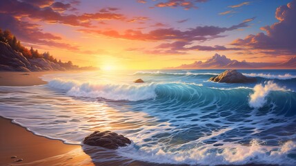 Majestic Sunset over Serene Beach with Crashing Waves and Colorful Sky