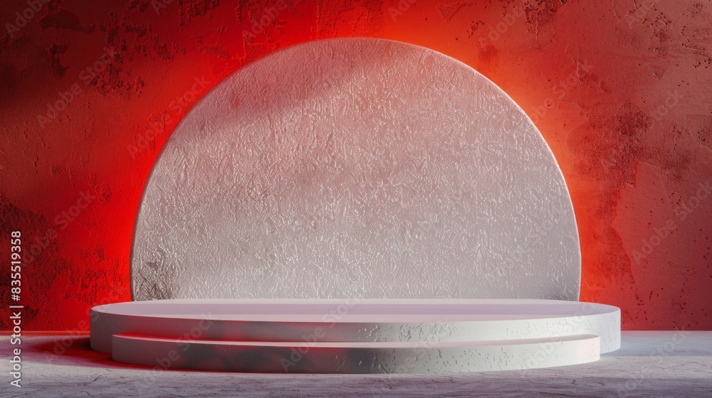 Poster A white circular display platform is set against a textured red wall, illuminated by dramatic lighting that casts shadows.