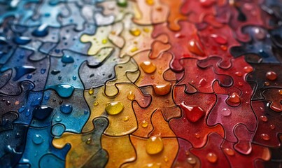 Close Up Puzzle Piece With Water Droplets.