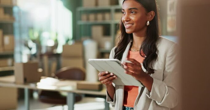 Woman, distribution and business with tablet in office for signature for stock check, information and checklist. Happy, owner and digital technology for inventory management for e commerce courier