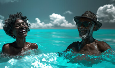A joyful senior dark-skinned couple enjoying a sunny day swimming in the ocean at a crystal clear beach. Sharing time together on summer vacation.