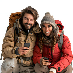 Happy couple of campers using cell phone while relaxing in nature isolated on white background, space for captions, png
