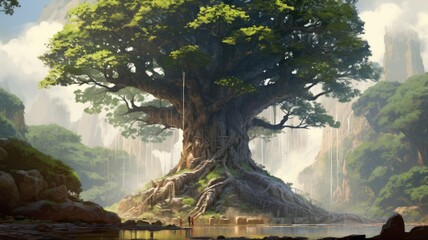 Digital art of fantasy landscape with giant tree and figure by the river. Artistic concept for wallpaper and game background. Man and tree are on a rocky outcrop that juts out from a hillside. AIG35.