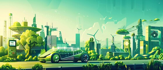 Green technology A futuristic depiction of innovative green technologies such as solarpowered vehicles