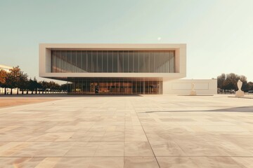 A minimalist modern building with a sleek design and large glass panels, standing on a wide, empty plaza with smooth concrete tiles and a few modernist sculptures 