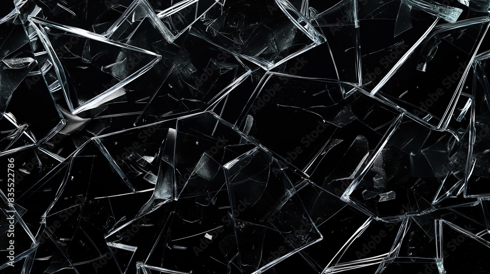 Wall mural shattered broken glass shards pieces on black background, for overlay and screen layer modes