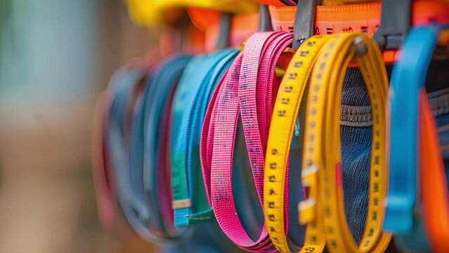 A collection of colorful measuring tapes dangling from a construction workers belt and ready to be used for precise measurements.