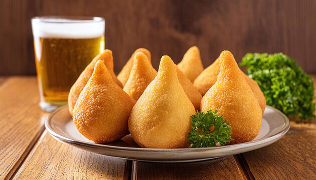 Chicken drumstick decorated served with a cold beer. Brazilian fried chicken snack, popular at local festivals. Generative ai