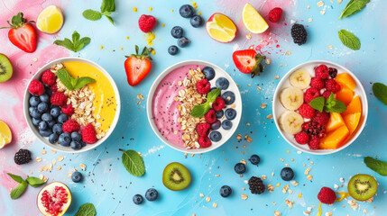 vibrant fruit smoothie bowls with granola and fresh berries