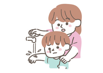 怪我したところを洗っている男の子のイラスト