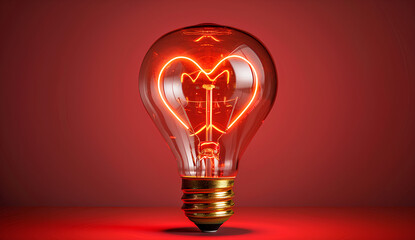 Light bulb with a heart shape glowing filament on a red background, Valentine day concept