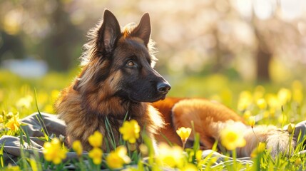 Beautiful Belgian Shepherd Dog Poses in Sunny Spring Setting