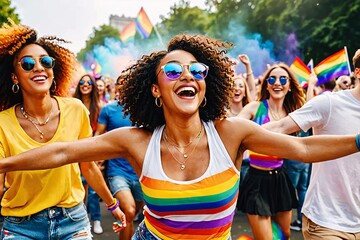 A LGBTQ+ dancing at a Pride festival, their faces filled with joy and excitement as they celebrate together.