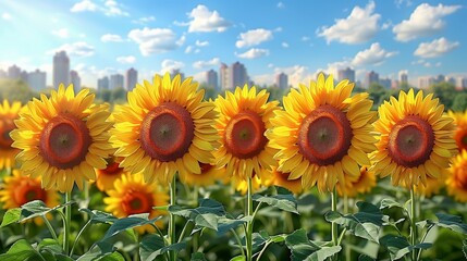 Obraz premium Bright Sunflower Field In Bloom With City Skyline In Background Under Blue Sky And White Clouds On A Sunny Warm Summer Afternoon