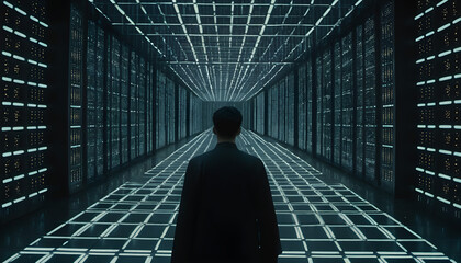 Obraz premium Person in Futuristic Data Center Hallway