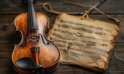 Naklejka premium Violin on Wooden Table. Generative AI