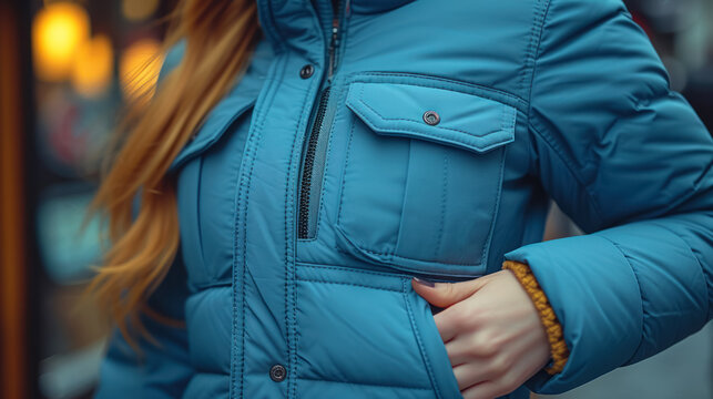 closeup of woman in blue jacket with hand in pocket