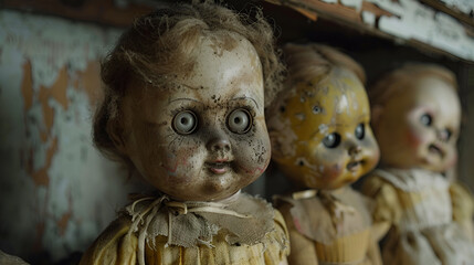 A collection of old, creepy dolls with cracked faces and eerie smiles. halloween concept 