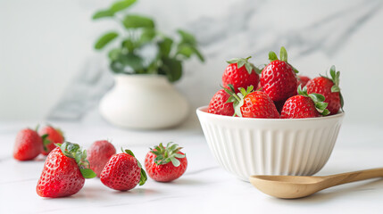Red, juicy strawberries in a white plate on a white tabletop