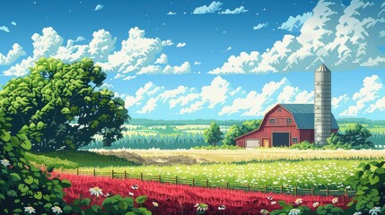 pixel art landscape featuring a red barn and fence surrounded by lush green trees under a blue sky with white clouds