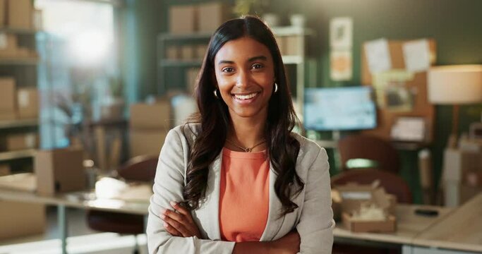 Portrait, Indian woman and happy as employee in workshop for career or job growth with opportunity. Female person, smile and satisfied with pride as fashion designer in startup company or business