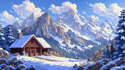 pixel art landscape featuring a cozy cabin nestled among snow - covered trees, with a brick chimney and brown roof, set against a backdrop of blue sky and white clouds