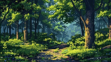 pixel art landscape featuring a path surrounded by lush green trees, including a tall one on the left and a smaller one on the right, with a brown trunk in the foreground