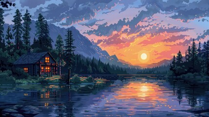 Fototapeta premium pixel art landscape featuring a serene lake surrounded by lush green trees, with a small house and roof in the foreground