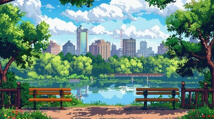 Obraz premium pixel art landscape featuring a serene lake surrounded by lush green trees, a tall building, and a blue sky with white clouds a wooden bench adds a touch of rustic charm to the scene