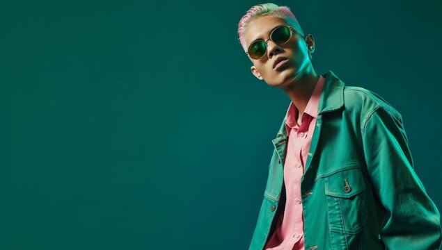 A fashion photoshoot of an androgynous man with pastel hair, wearing sunglasses and a green jacket over a pink shirt, posing against a plain dark emerald background. - Powered by Adobe