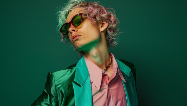 A fashion photoshoot of an androgynous man with pastel hair, wearing sunglasses and a green jacket over a pink shirt, posing against a plain dark emerald background.
