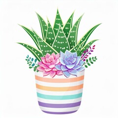 Pink and purple succulent flower plant and aloe Vera plant arrangement in rainbow striped whit pot,white background ,water color design ,element for graphic design 