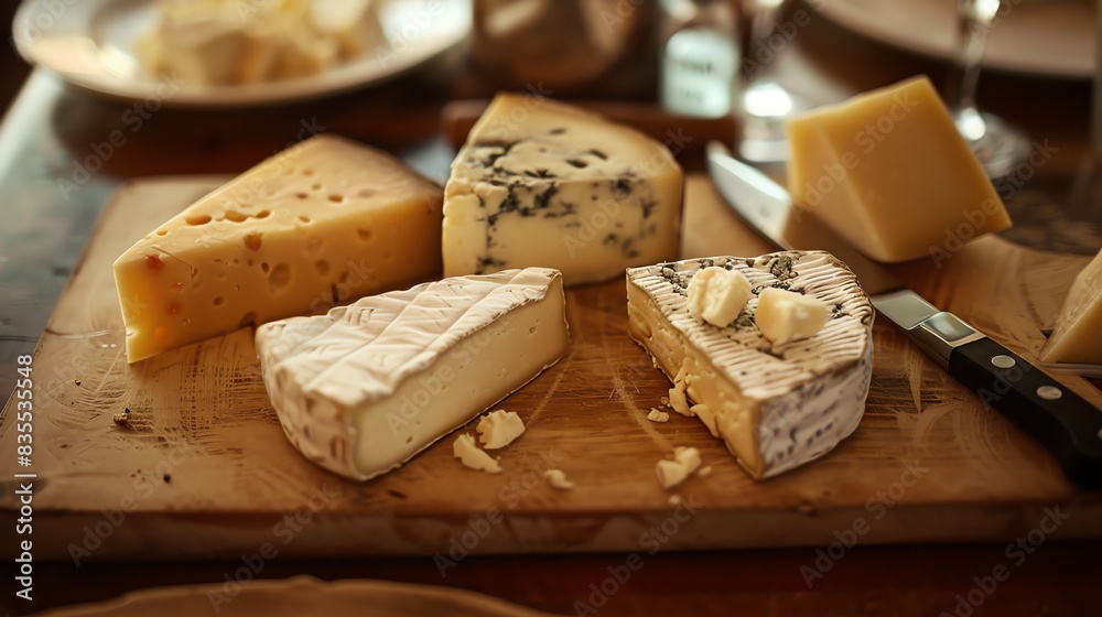 Sticker An assortment of delicious cheeses on a wooden cutting board. The perfect way to end a meal or enjoy a snack.