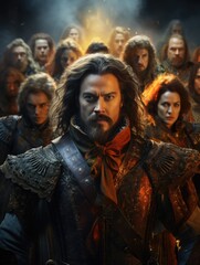 Fototapeta premium Elegant musketeer in historical attire, portraying bravery and chivalry in an enchanting renaissance setting, a symbol of classic heroism and adventure