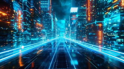 A futuristic cityscape with glowing holographic streets, showcasing advanced technology and skyscrapers