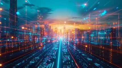 Fototapeta premium A futuristic cityscape with glowing neon lights and holographic skyscrapers, with digital elements representing data flow and the power of technology