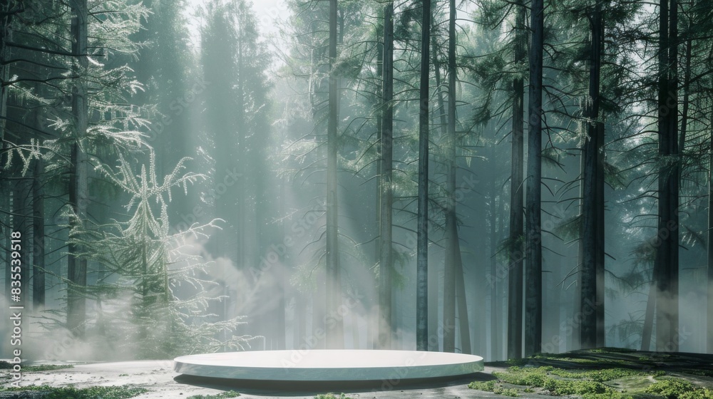 Poster Sunlight filters through towering trees in a misty forest, creating an ethereal atmosphere around a circular stone platform.