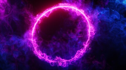 Neon Glowing Circle with Colorful Smoke, Generative AI