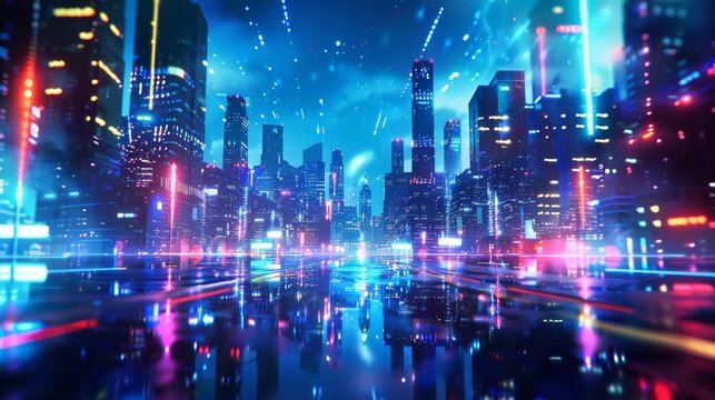 A futuristic cityscape with skyscrapers and glowing neon lights, a clear blue sky in the background, a long holographic street leading to an unknown horizon, reflecting on wet pavement, a sense of mys