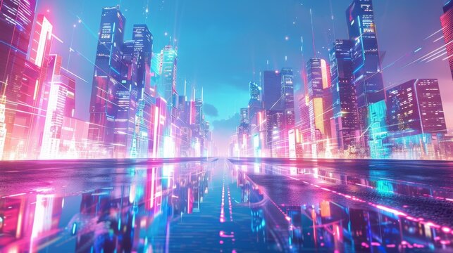 A futuristic cityscape with skyscrapers and glowing neon lights, a clear blue sky in the background, a long holographic street leading to an unknown horizon, reflecting on wet pavement, a sense of mys