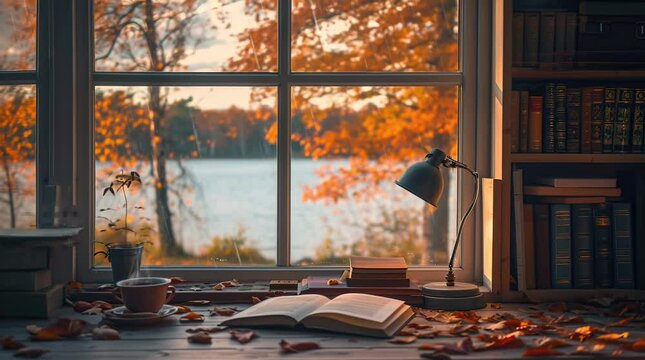 Cozy book and lamp by the window with an autumn landscape view. Tranquil reading nook.
 Seamless looping 4k time-lapse virtual video animation background. Generated AI
