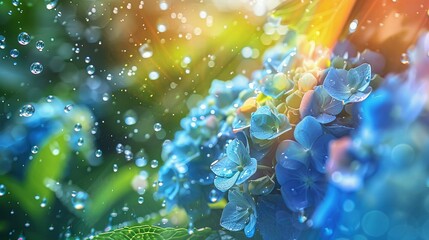 Rainbow and Blue Hydrangeas on a Sunny Rainy Season Day - Generative AI
