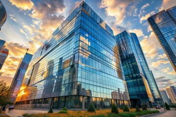 Fototapeta premium Wide-angle shot of a modern glass building, with the sky and surrounding buildings reflected in its facade, early morning